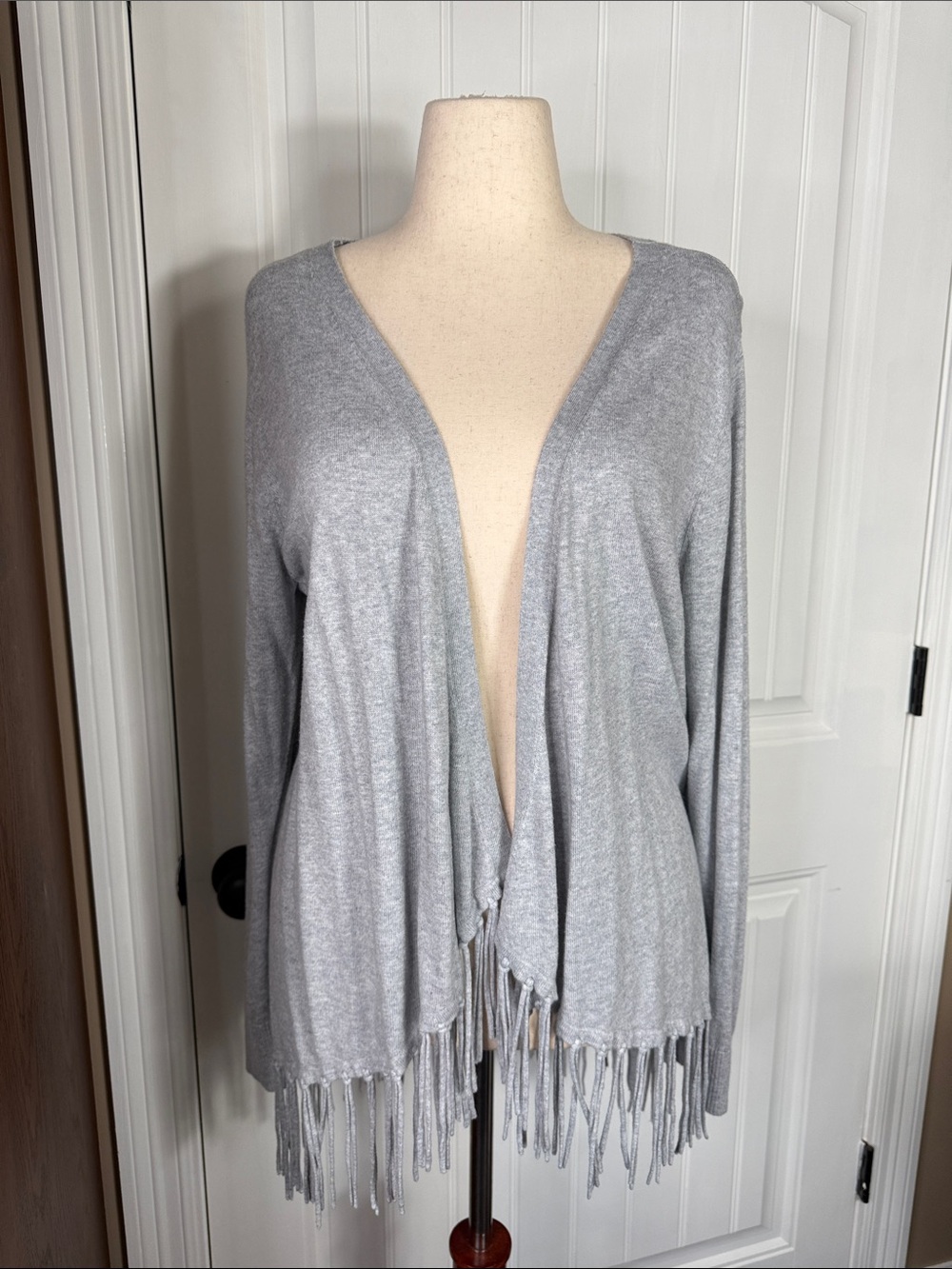 MICHAEL KORS Fringe Open Front Cardigan Sweater High Low Hem Grey Sz 1X